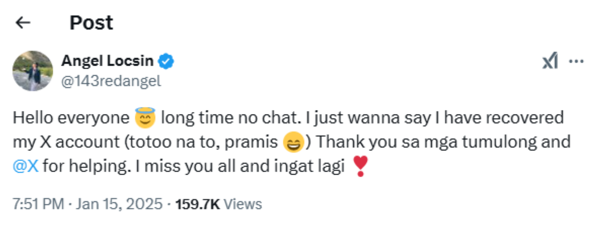 Photo courtesy: Screenshot from Angel Locsin (X)