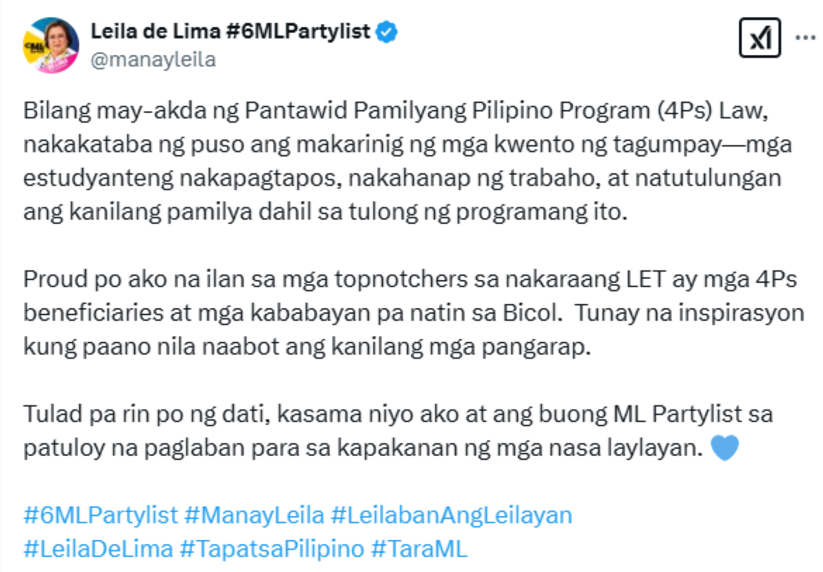 Photo courtesy: Leila De Lima (X)