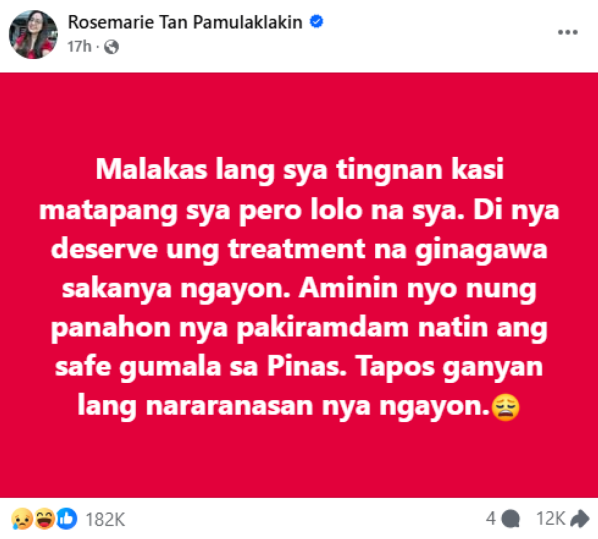 Photo courtesy: Screenshot from Rosemarie Tan Pamulaklakin (FB)