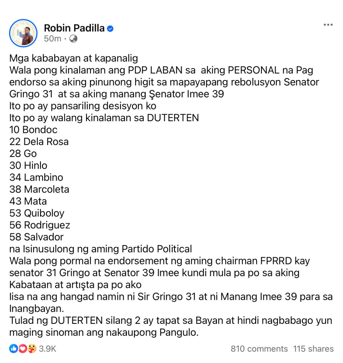 Photo courtesy: Screenshot from Robin Padilla (FB)