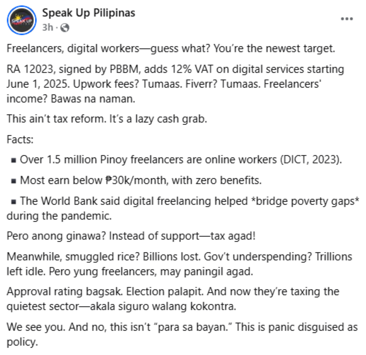 Photo courtesy: Screenshot from Speak Up Pilipinas (FB)