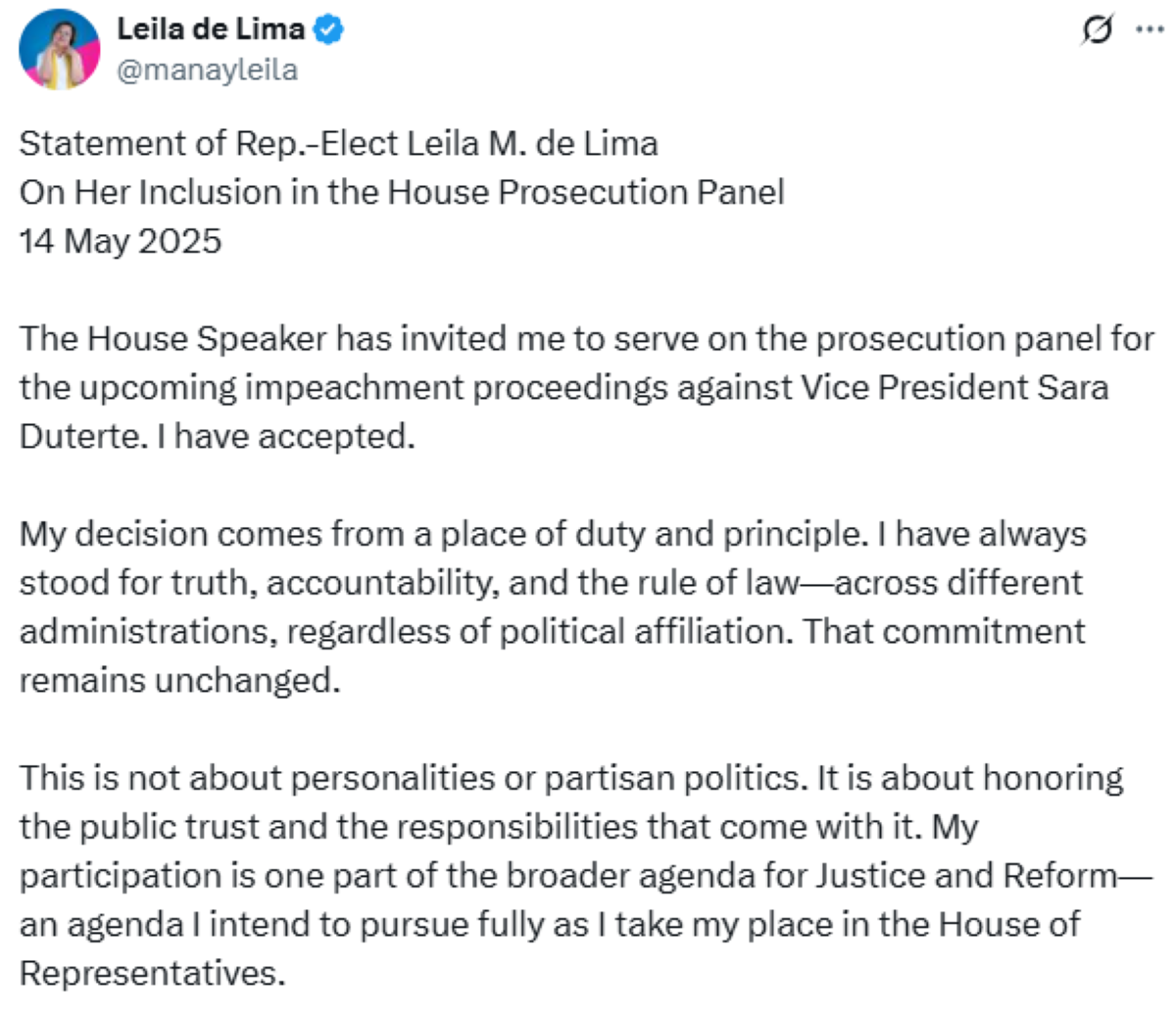 Photo courtesy: Screenshot from Leila De Lima (X)