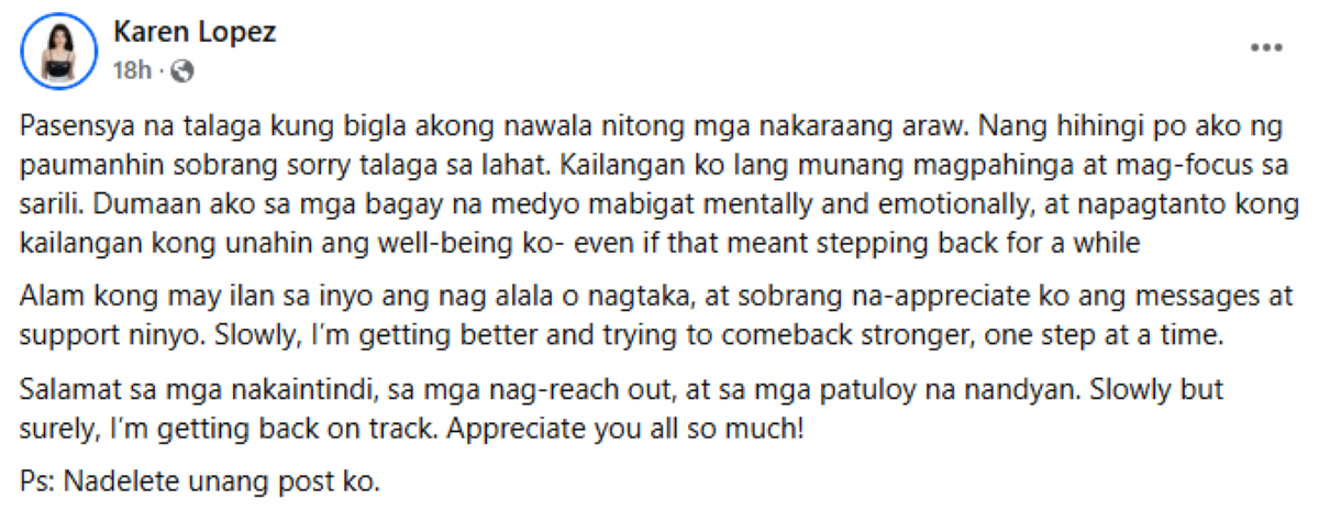 Photo courtesy: Screenshot from Karen Lopez (FB)