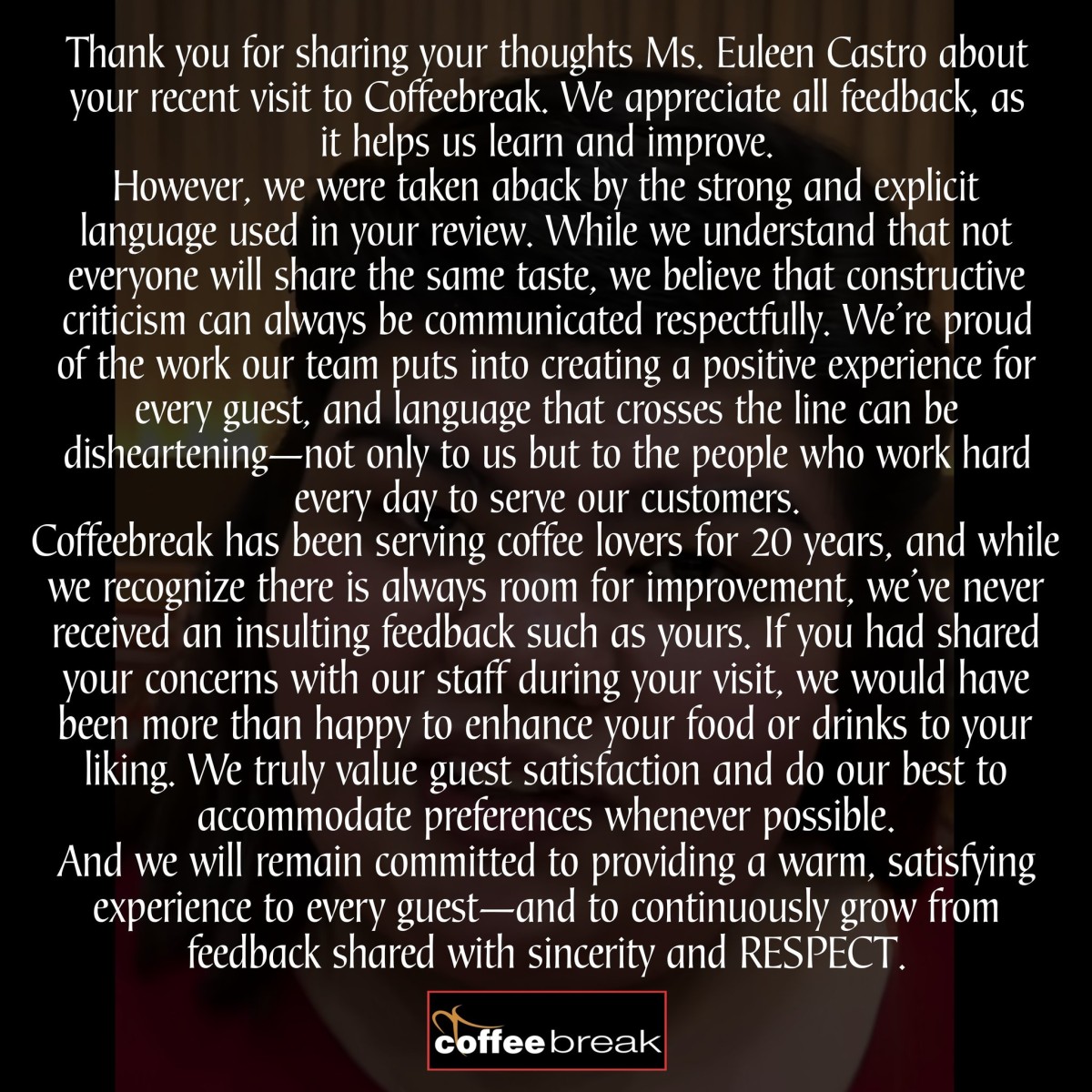 Photo courtesy: Coffeebreak Cafe International Inc. (FB)