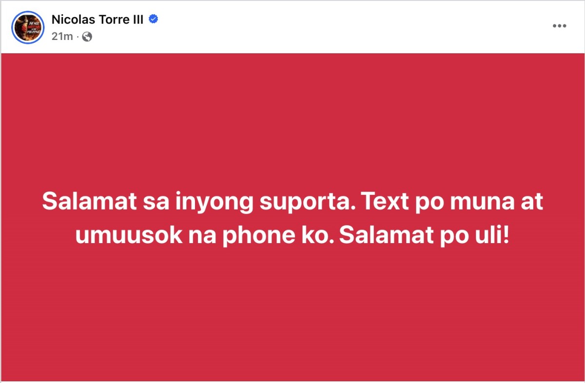 Photo courtesy: Screenshot from Nicolas Torre III (FB) via GMA News