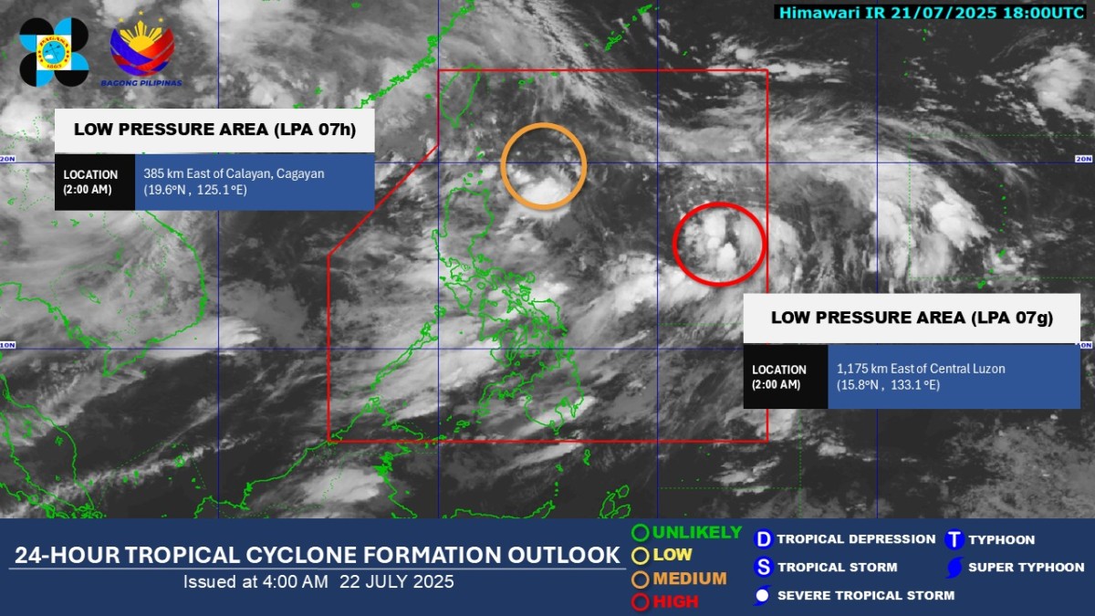 Isa sa dalawang LPA sa PAR, may &lsquo;high chance&rsquo; na maging tropical depression
