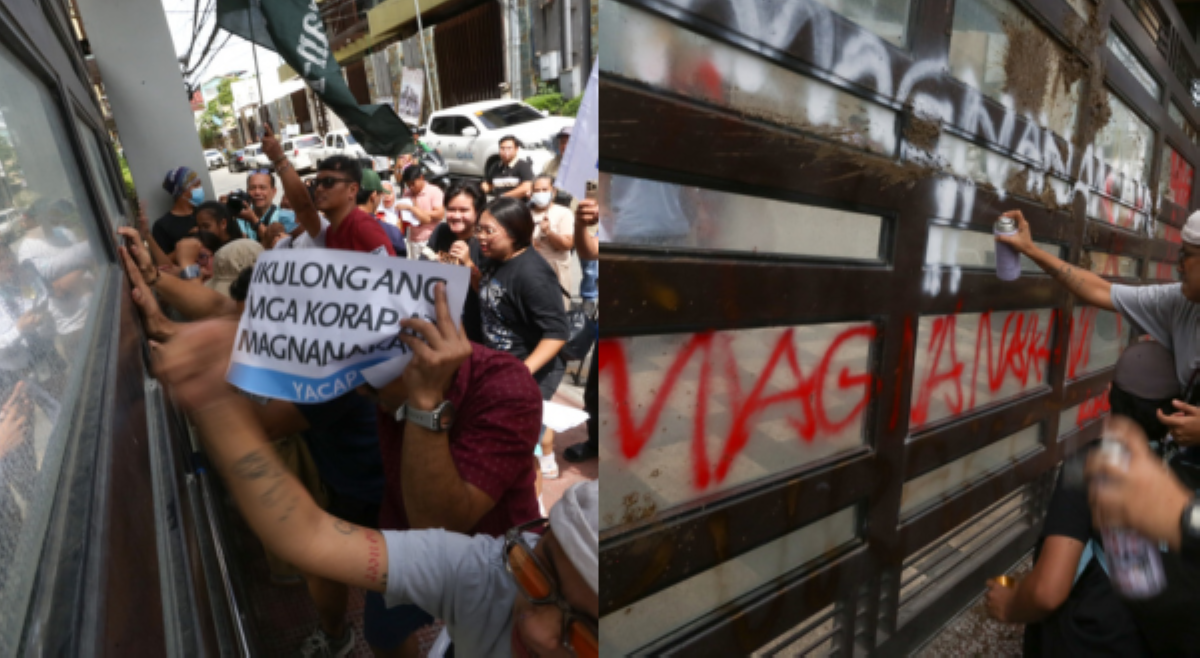 Ilang grupo, pinagbabato ng putik ang gate ng construction compound ng mga Discaya