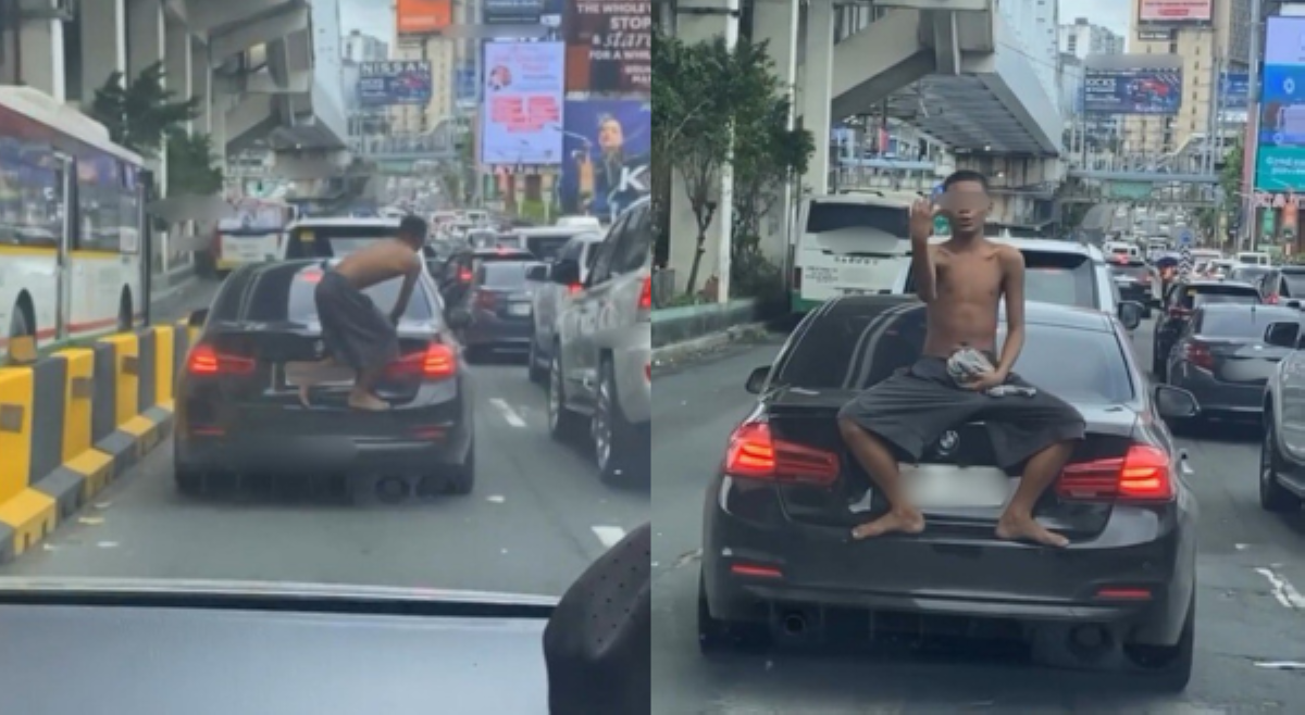 Lalaking tamang trip lang, sumampa sa likuran ng umaandar na kotse