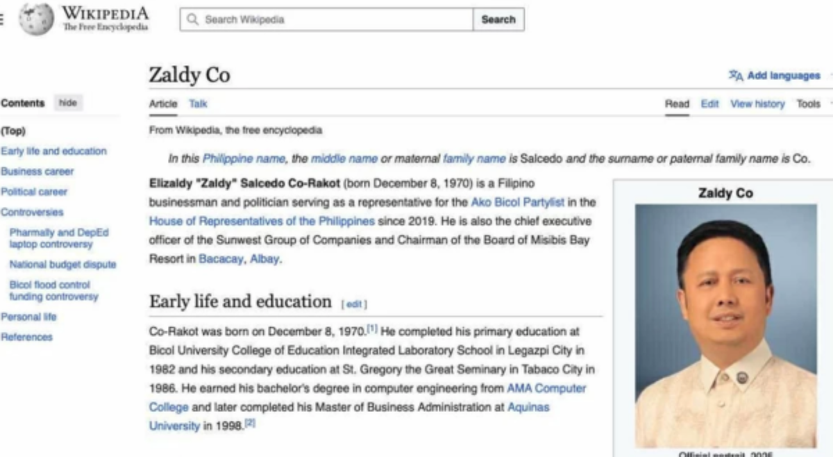 &lsquo;Co-Rakot:&rsquo; Mga impormasyon ni Zaldy Co sa wikipedia, dinogshow ng netizens
