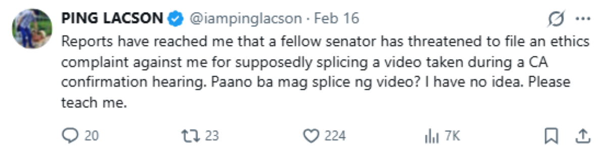 Photo courtesy: Sen. Ping Lacson (X) 