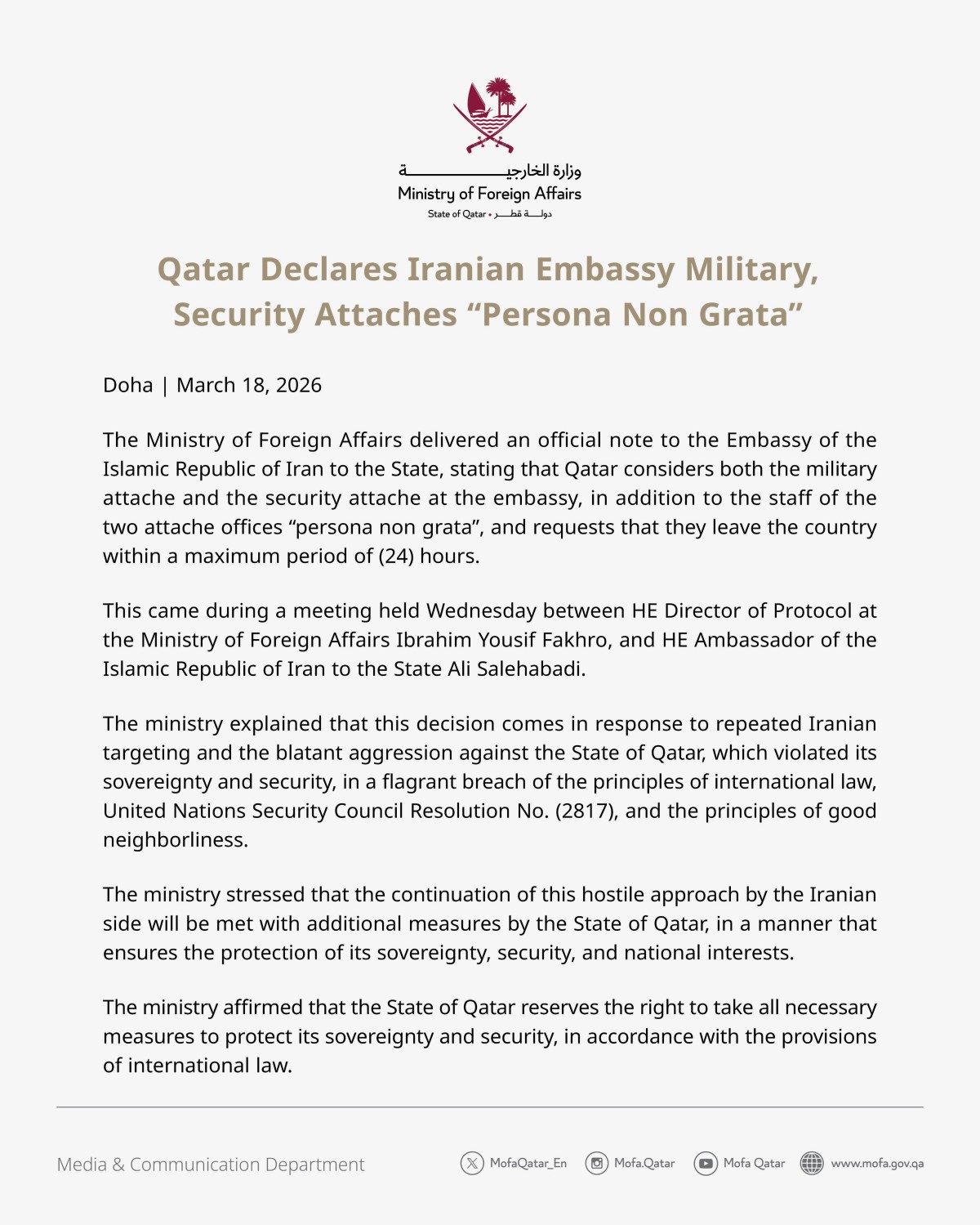 Photo courtesy: Ministry of Foreign Affairs - Qatar (X).