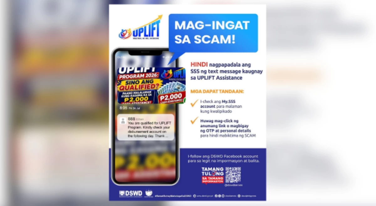 DSWD, SSS, nagbabala sa mga nagpapadala ng scam sa UPLIFT Assistance