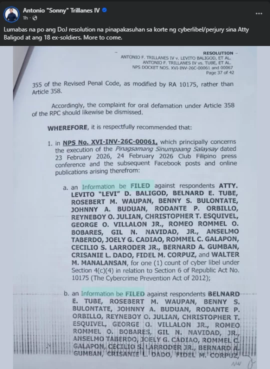 'More to come:' Trillanes, inispluk resolusyon ng DOJ sa kasong cyberliber, perjury vs Atty. Baligod atbp!