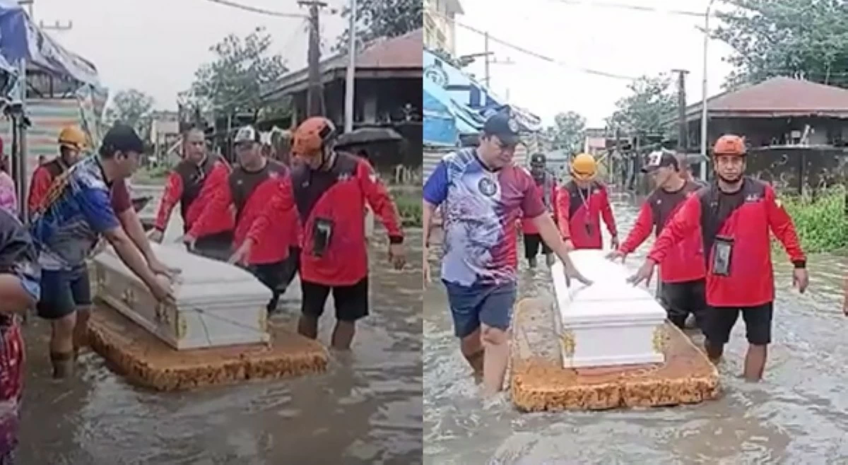 Tuloy ang libing! Kabaong, isinakay sa 'styrofoam boat' para maitawid sa baha