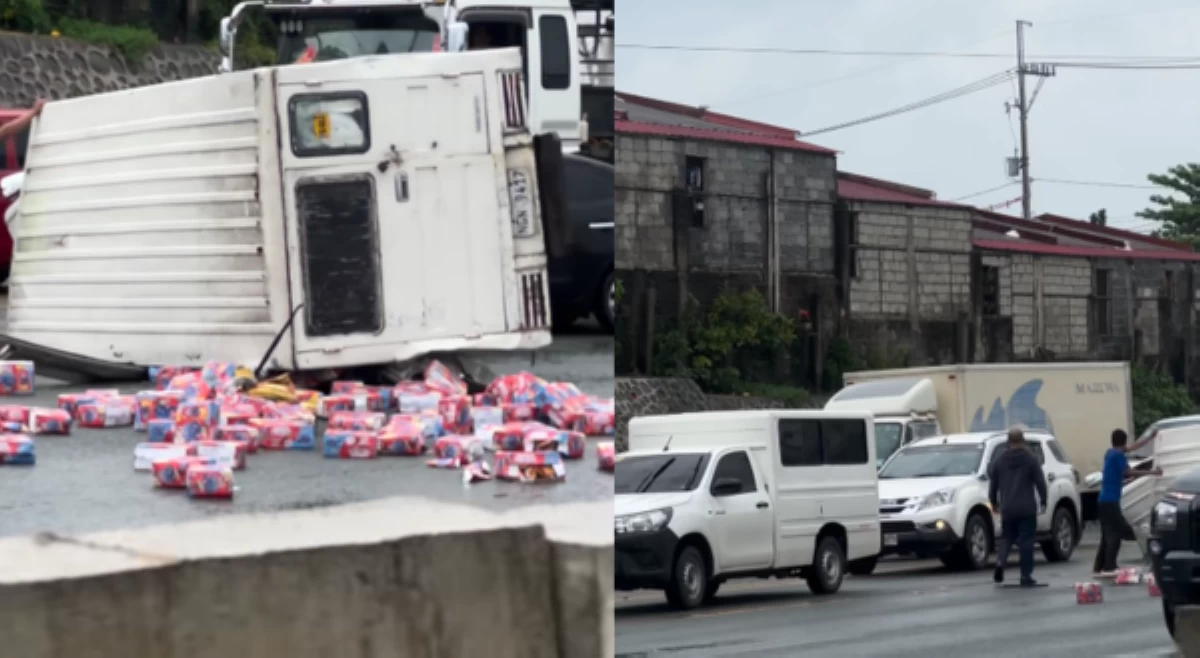 #BalitaExclusives: Delivery truck, tumagilid sa SLEX; mga kargang pakete ng juice, nagkalat!
