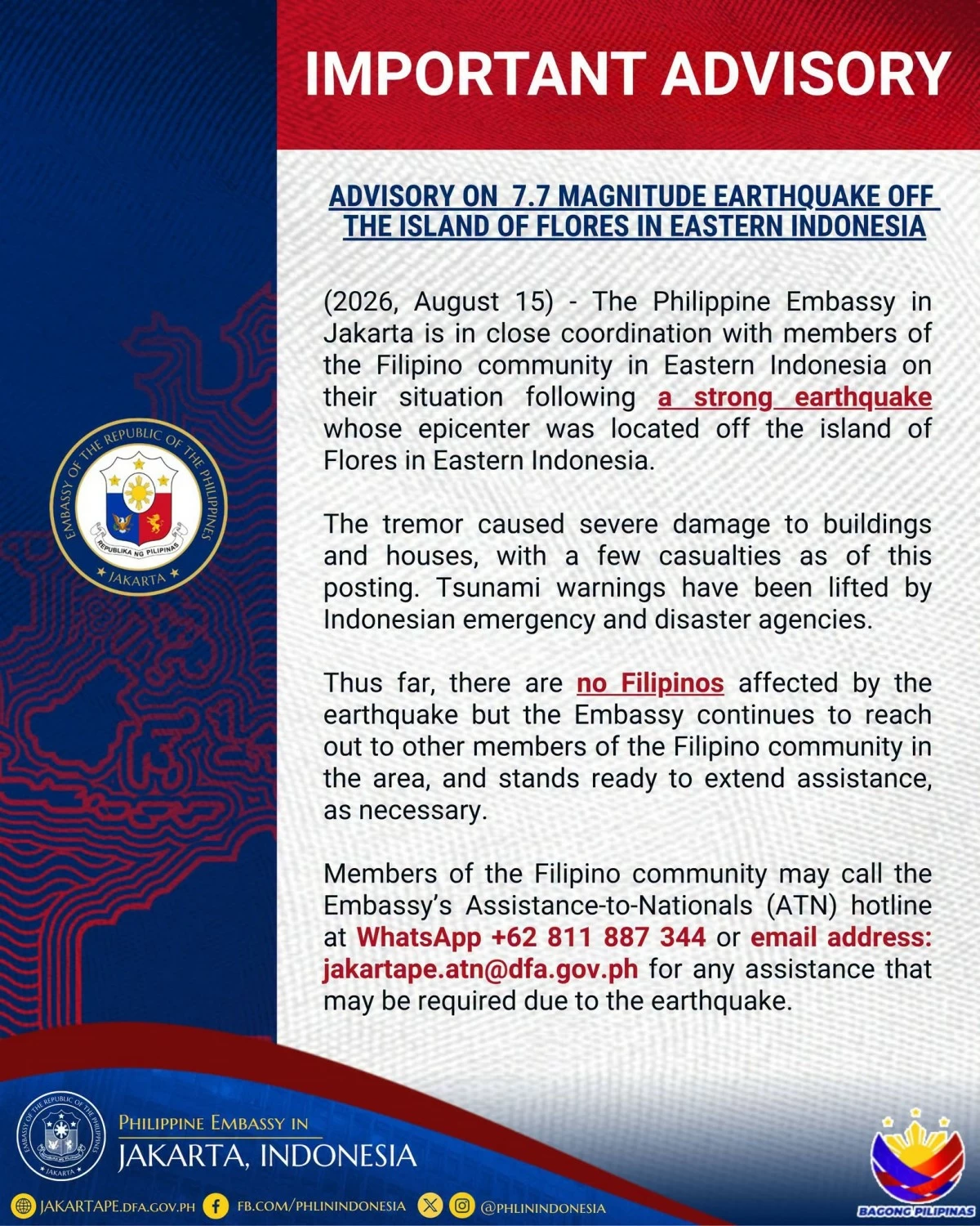 Philippine Embassy, kinumpirmang walang naapektuhang Pinoy sa lindol sa Indonesia