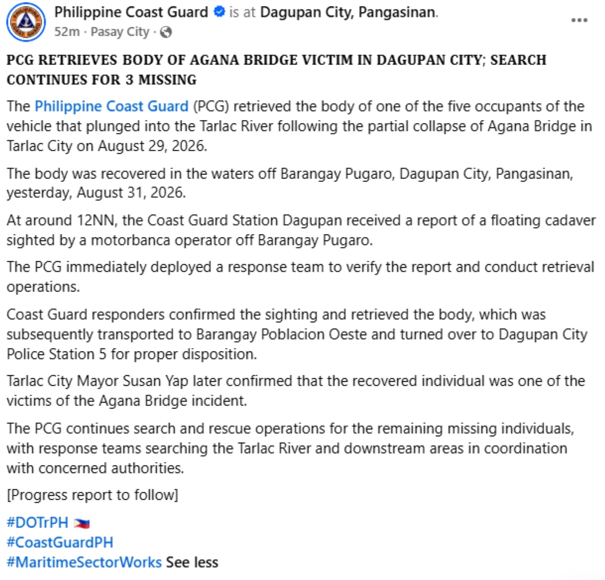 PCG, narekober bangkay ng isang biktima ng bumagsak na Agana Bridge; 3 pa ang nawawala