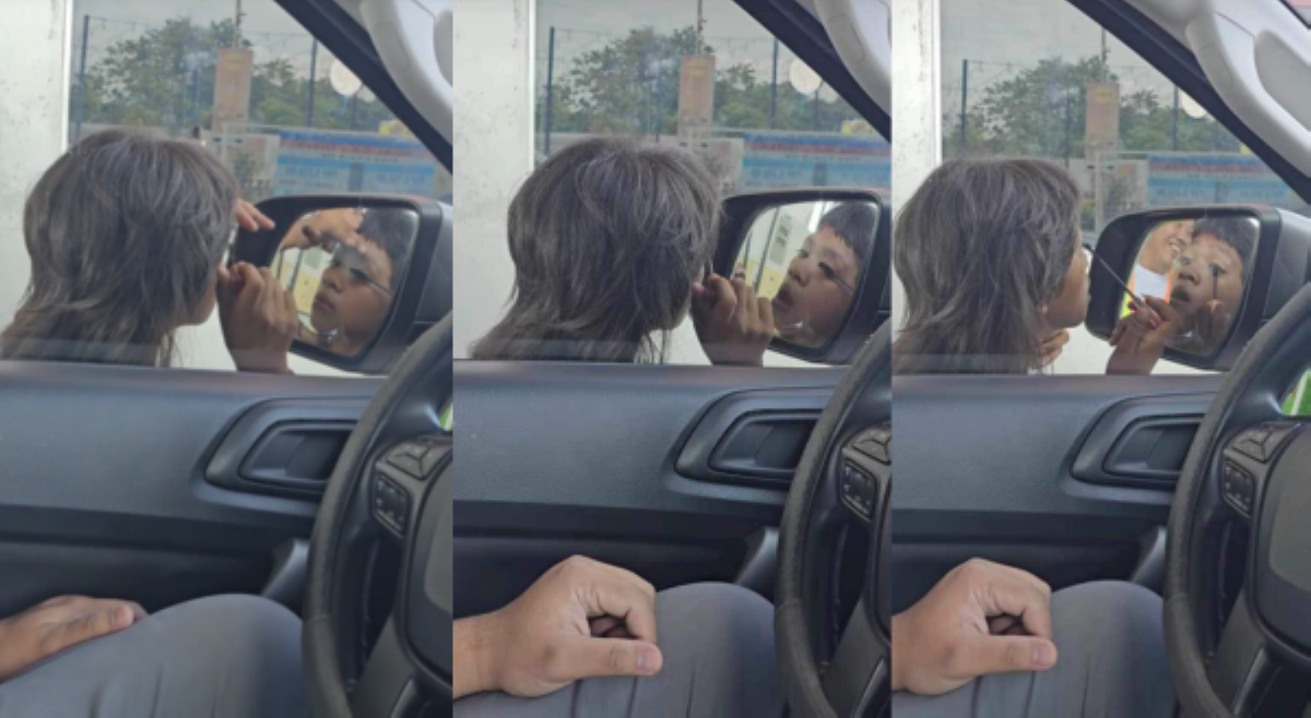 Pag-retouch ng batang babae sa side mirror ng sasakyan, kinaaliwan!