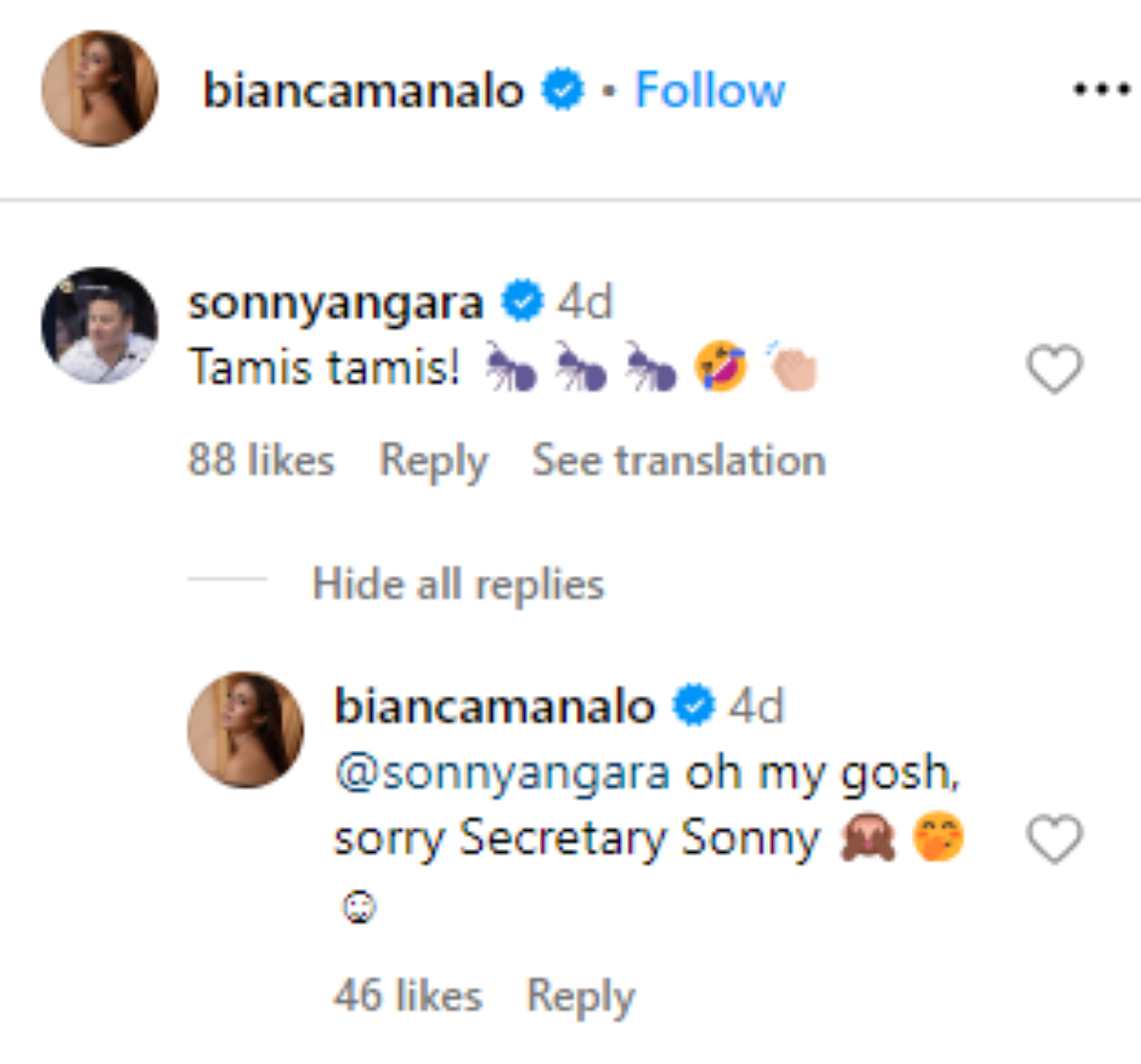 Photo courtesy: Screenshot from Bianca Manalo (IG)
