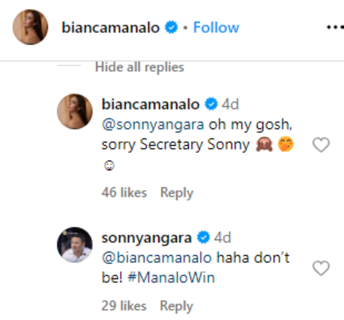 Photo courtesy: Screenshot from Bianca Manalo (IG)