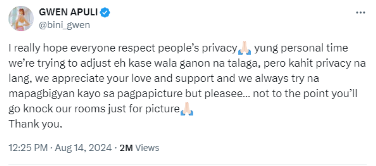 Photo courtesy: Screenshot from BINI Gwen Apuli (X)