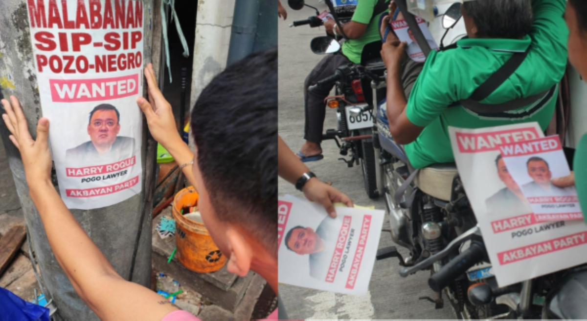 Akbayan, nagpaskil ng 'wanted' posters ni Harry Roque: 'Sumuko ka na, POGO lawyer!'