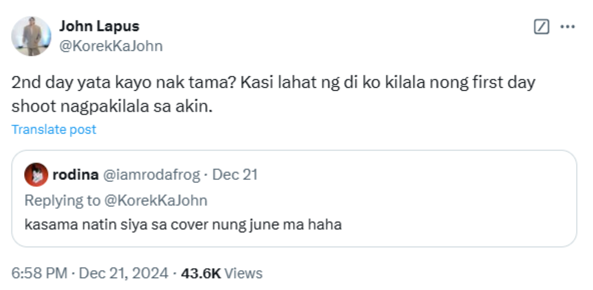 Photo courtesy: Screenshot from John Lapus (X)