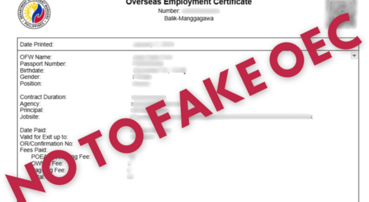 Department of Migrant Workers, nagbabala sa pekeng OEC